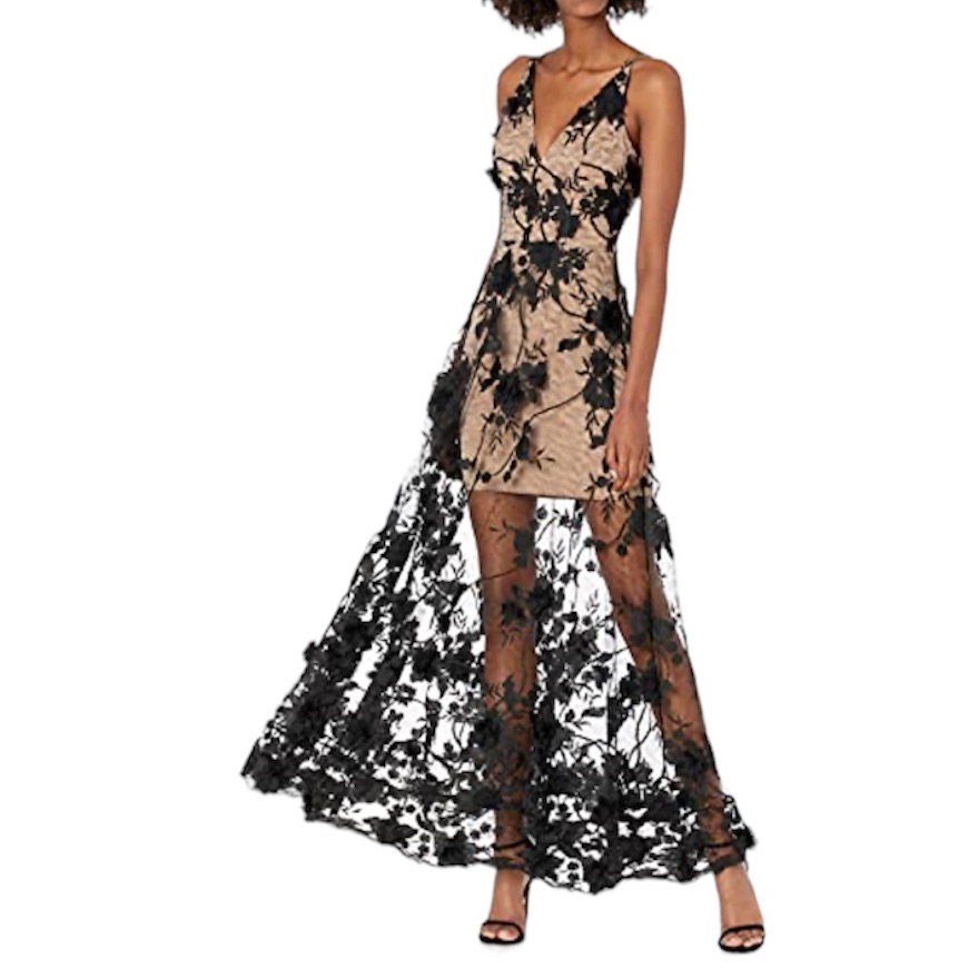 Dress The Population Black And Nude Floral Lace Full Length Dress - Size M